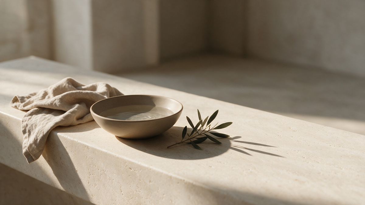 A bone-white travertine ledge in morning light with folded linen, a shallow ceramic bowl of water and a sprig of olive foliage