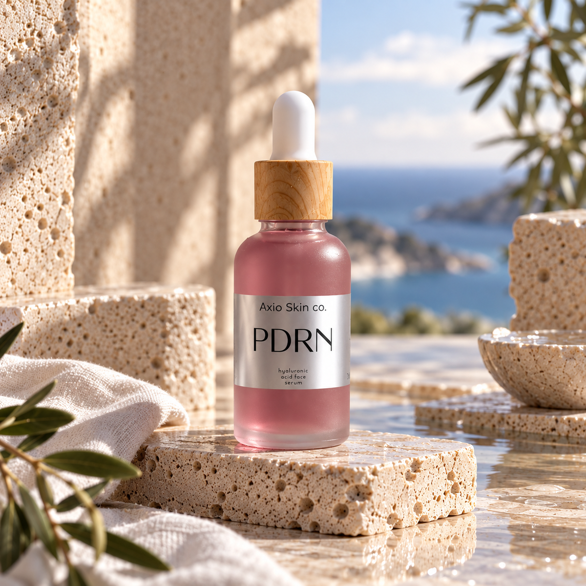 Axio Skin Co PDRN salmon DNA serum, a 30ml frosted glass dropper bottle of pale coral serum