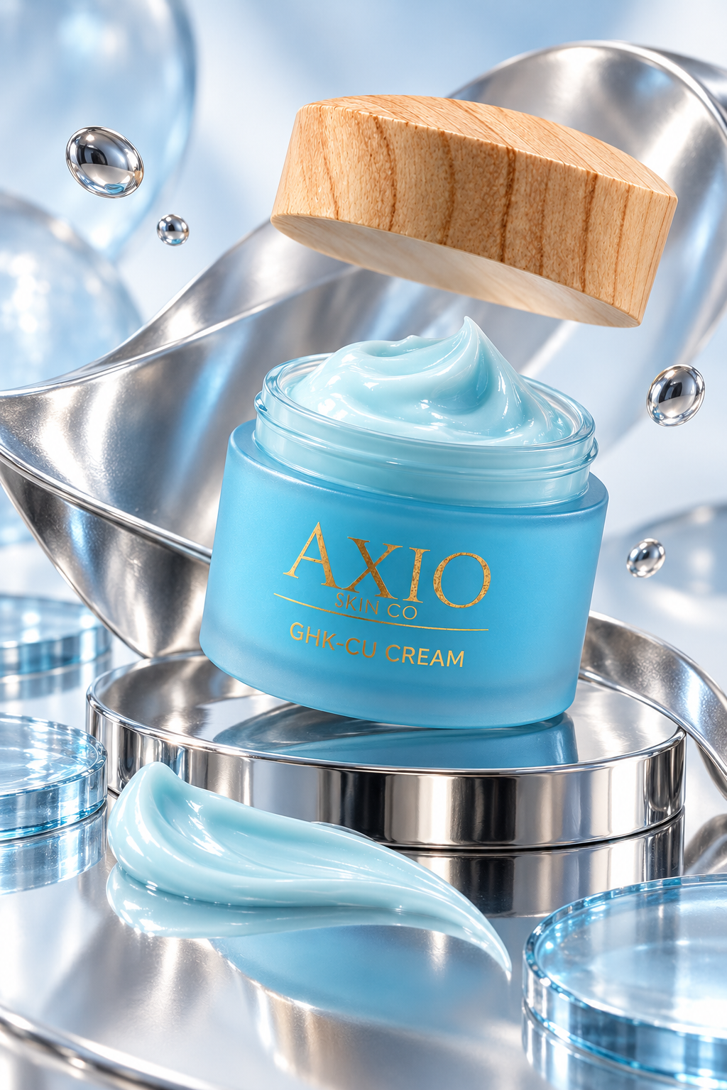 Axio Skin Co GHK-Cu Copper Peptide Face Cream jar, open, showing the cream